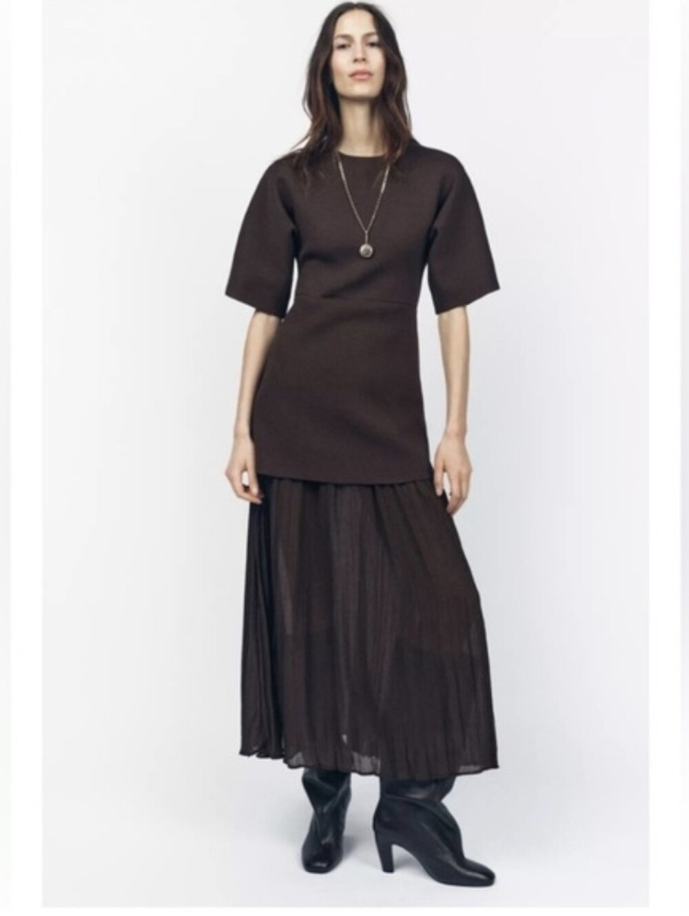 Zara Brown pleated combination maxi dress, NWT, M